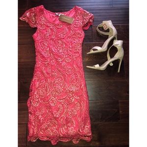 NWT Coral lace dress with gold overlay